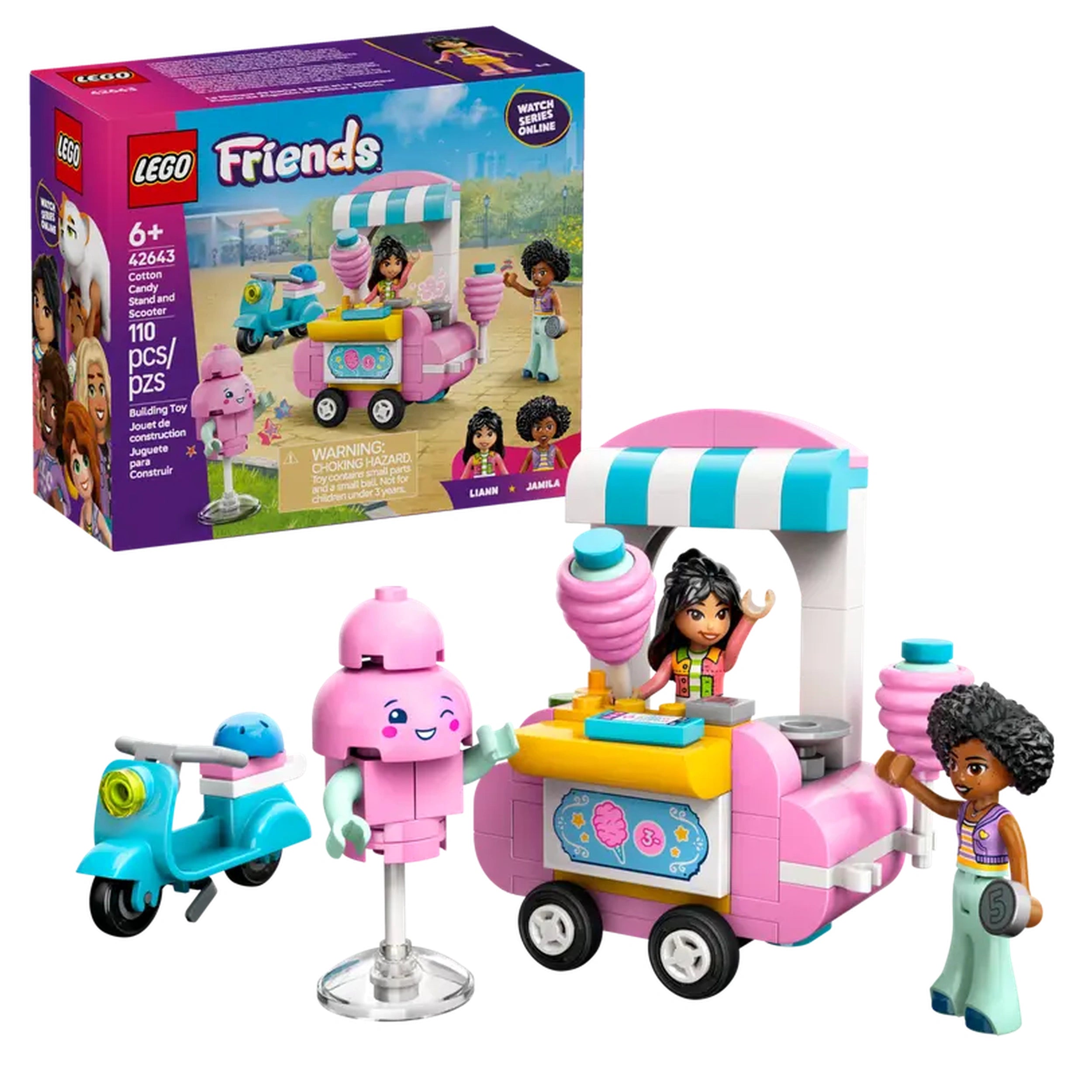LEGO Friends Cotton Candy Stand and Scooter set featuring two minidolls, a pink food cart with a striped awning, and playful accessories.