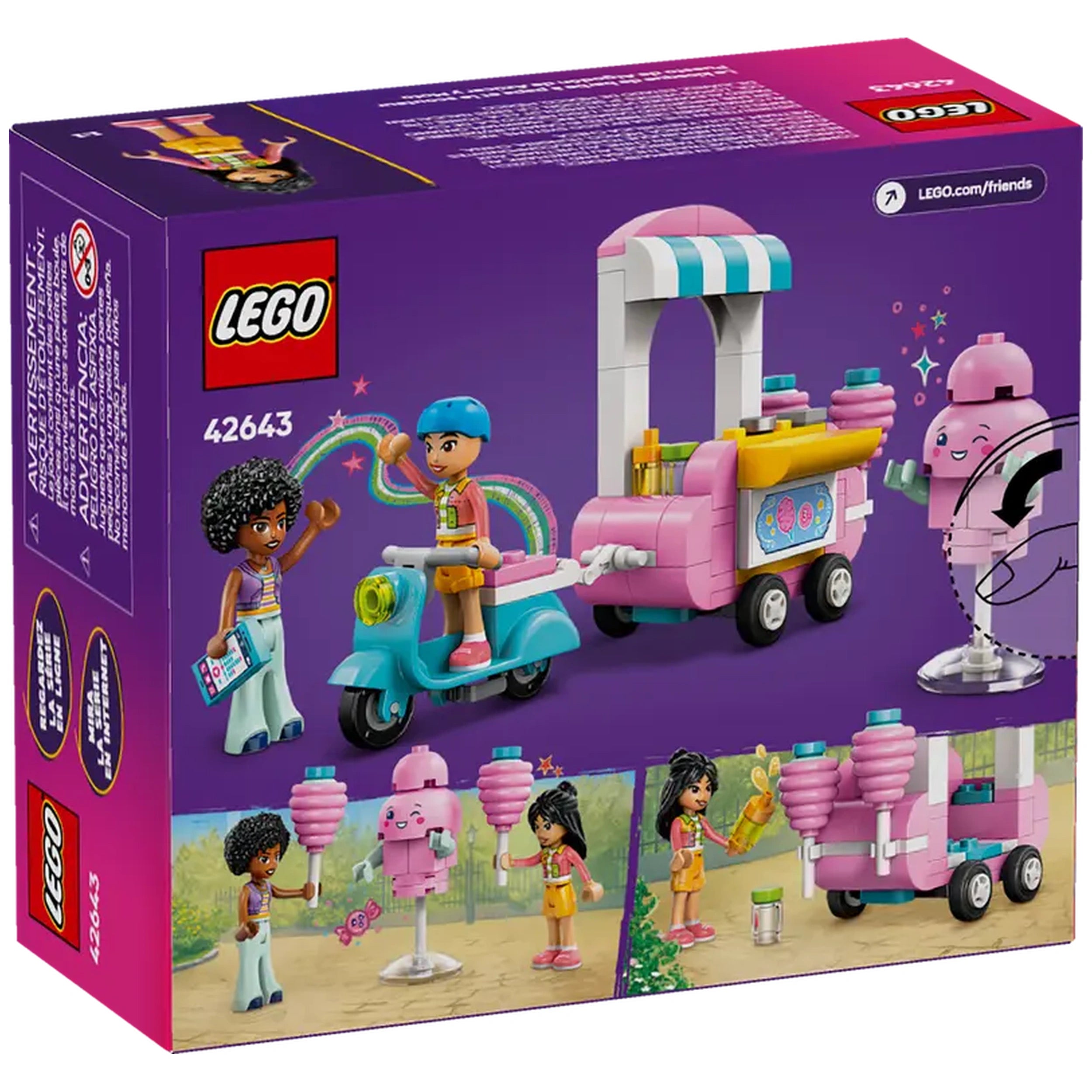 LEGO Friends Cotton Candy Stand and Scooter set featuring colorful accessories, two minidolls, and a pink mobile food cart.