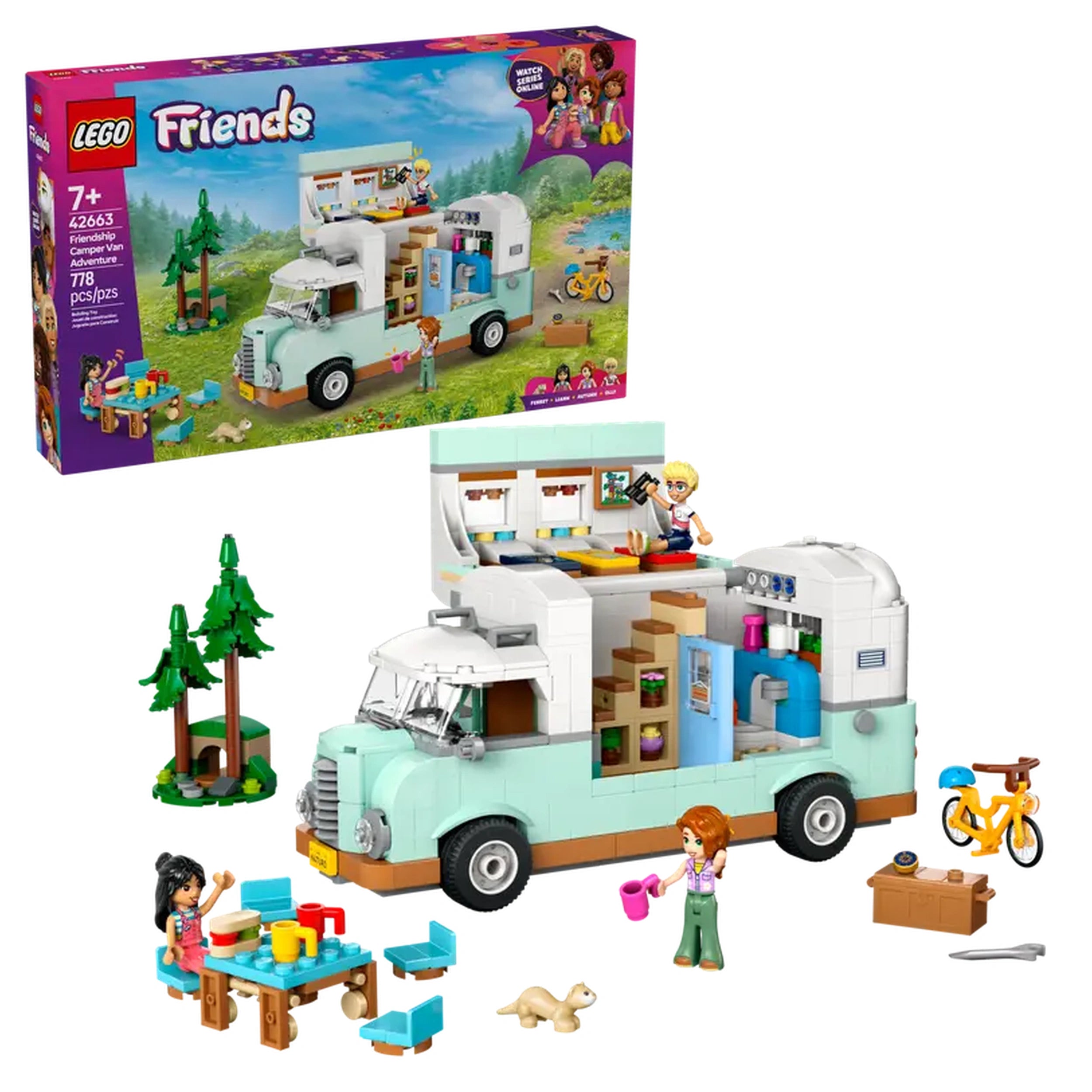Lego Friends Friendship Camper Van Adventure set, featuring a light blue camper, three minidolls, a ferret, and outdoor accessories.