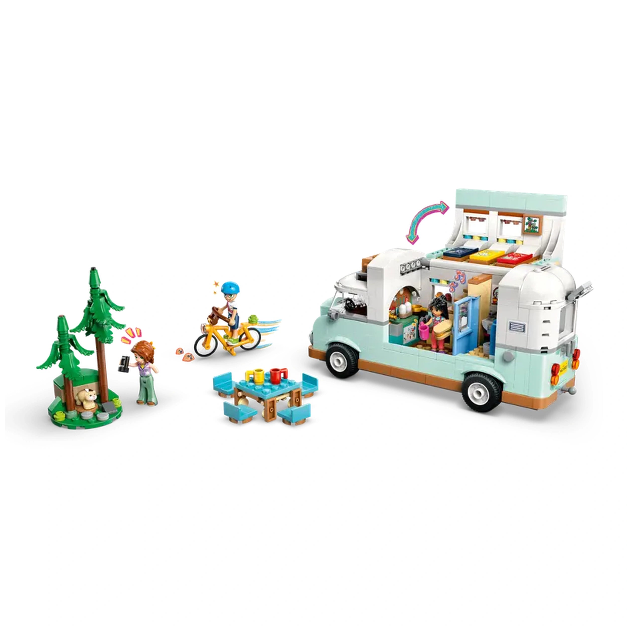 LEGO Friends camper van set featuring a cheerful camper, three minidolls, a bicycle, and forest scene with trees and a ferret figure.