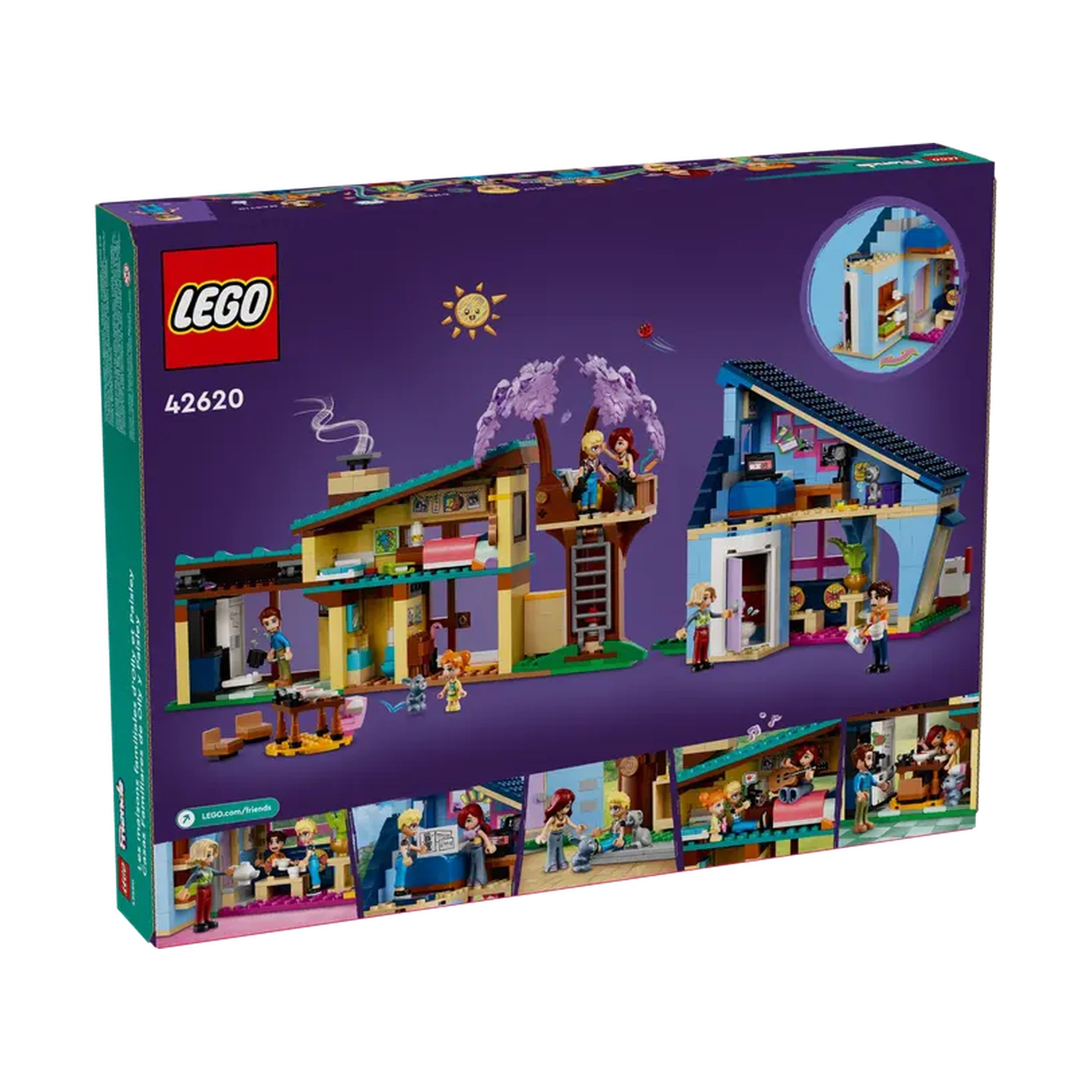 LEGO Friends Olly and Paisley's Family Houses set, featuring two colorful houses and a tree house, surrounded by mini-dolls and pets, perfect for imaginative play.