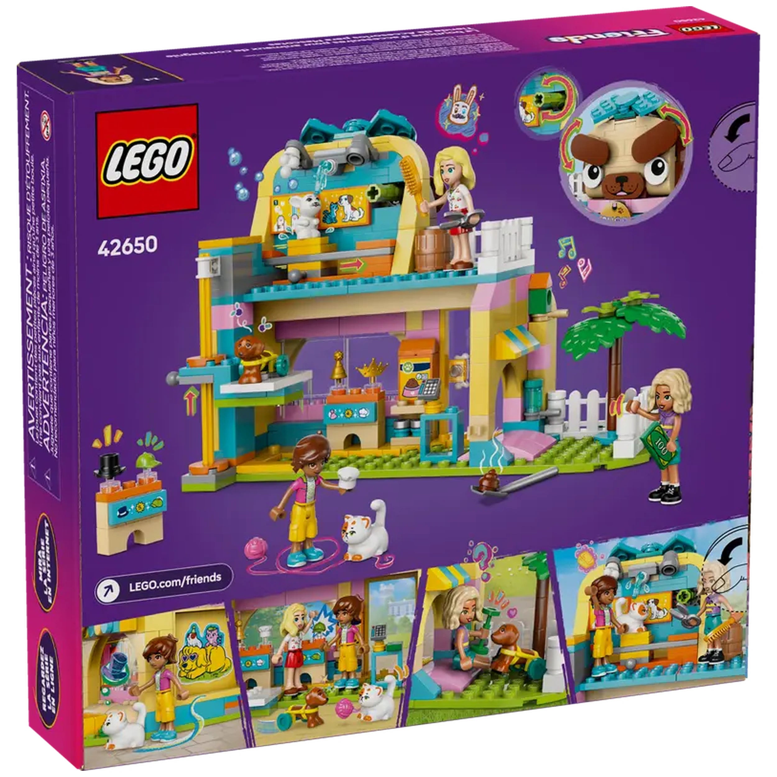 LEGO® Friends Pet Accessories Shop set showcasing a colorful two-story building, featuring three minidolls and playful pet figures, surrounded by various pet-care accessories.