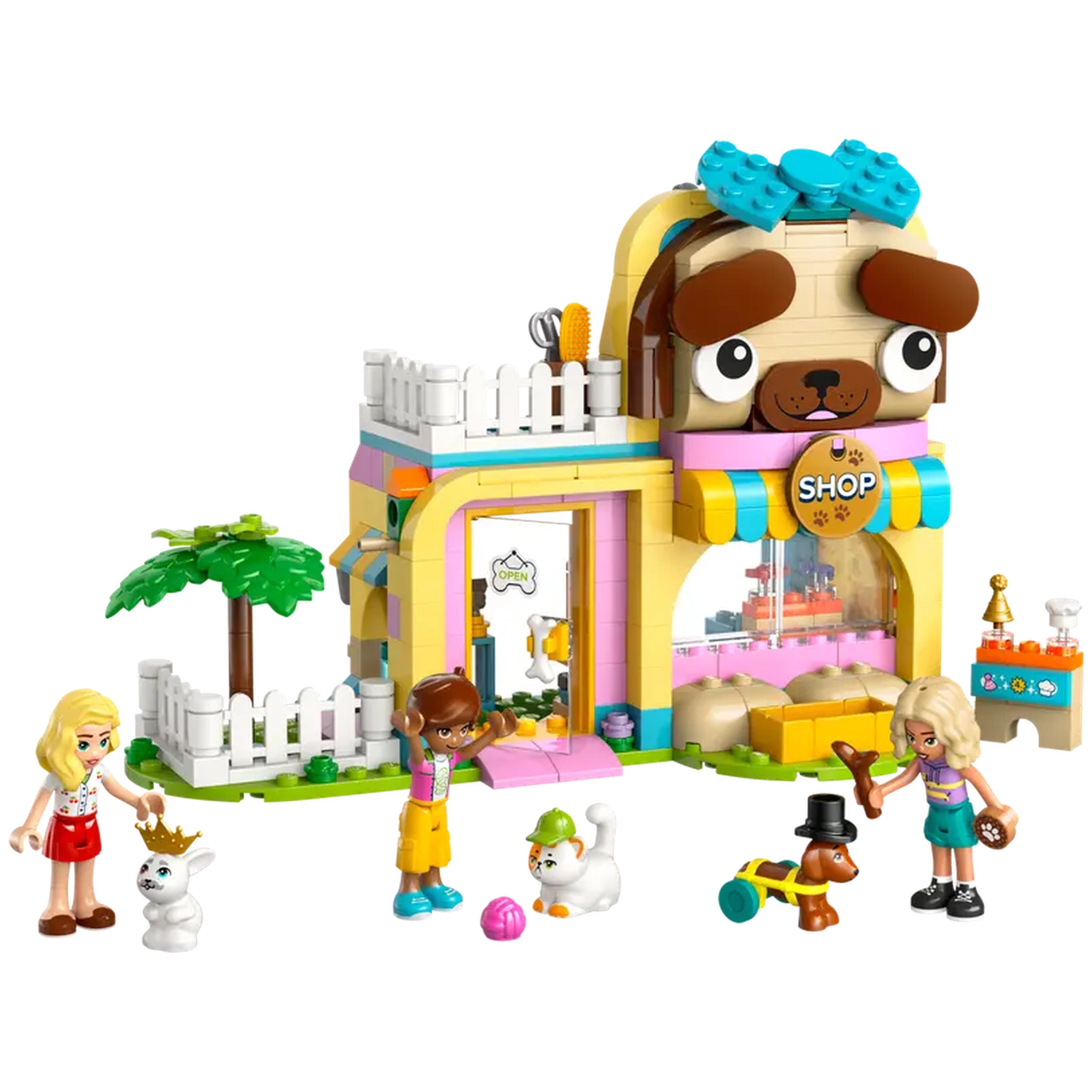 Colorful LEGO® Friends Pet Accessories Shop with three minidolls, pets, and various fun accessories for imaginative play.
