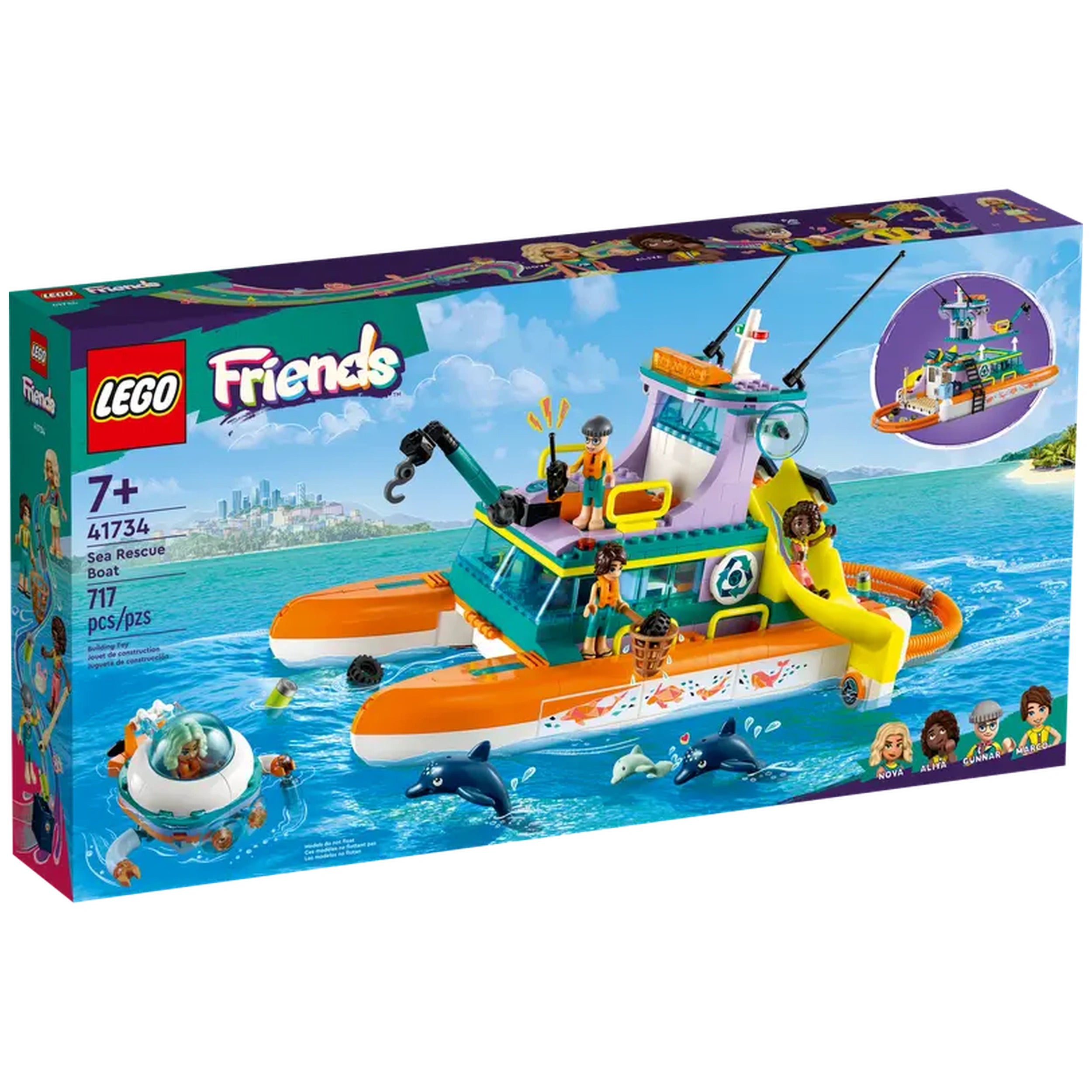 LEGO Friends Sea Rescue Boat construction set featuring a colorful catamaran with mini-figures, a submarine, and dolphins in water.