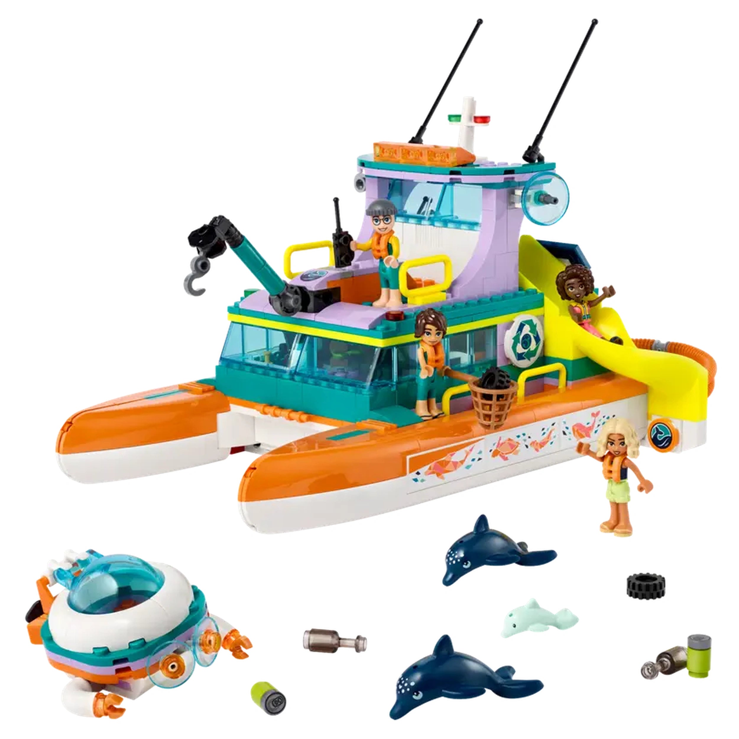 Colorful LEGO® Friends Sea Rescue Boat with playful characters in life jackets, a visible fishing net, and a small submarine nearby.