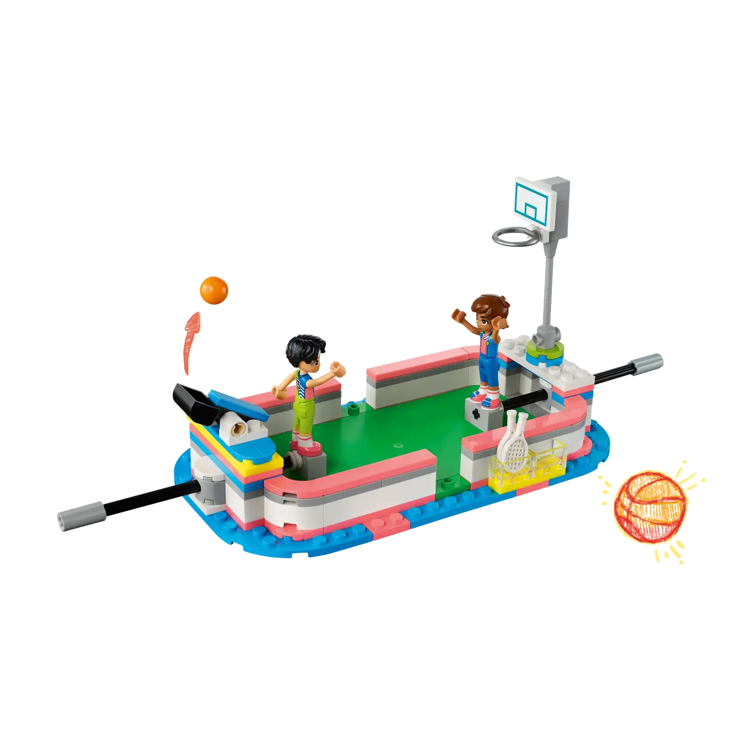 Two LEGO mini-dolls celebrate in a colorful sports center, featuring a green field, a basketball hoop, and assorted sports equipment.