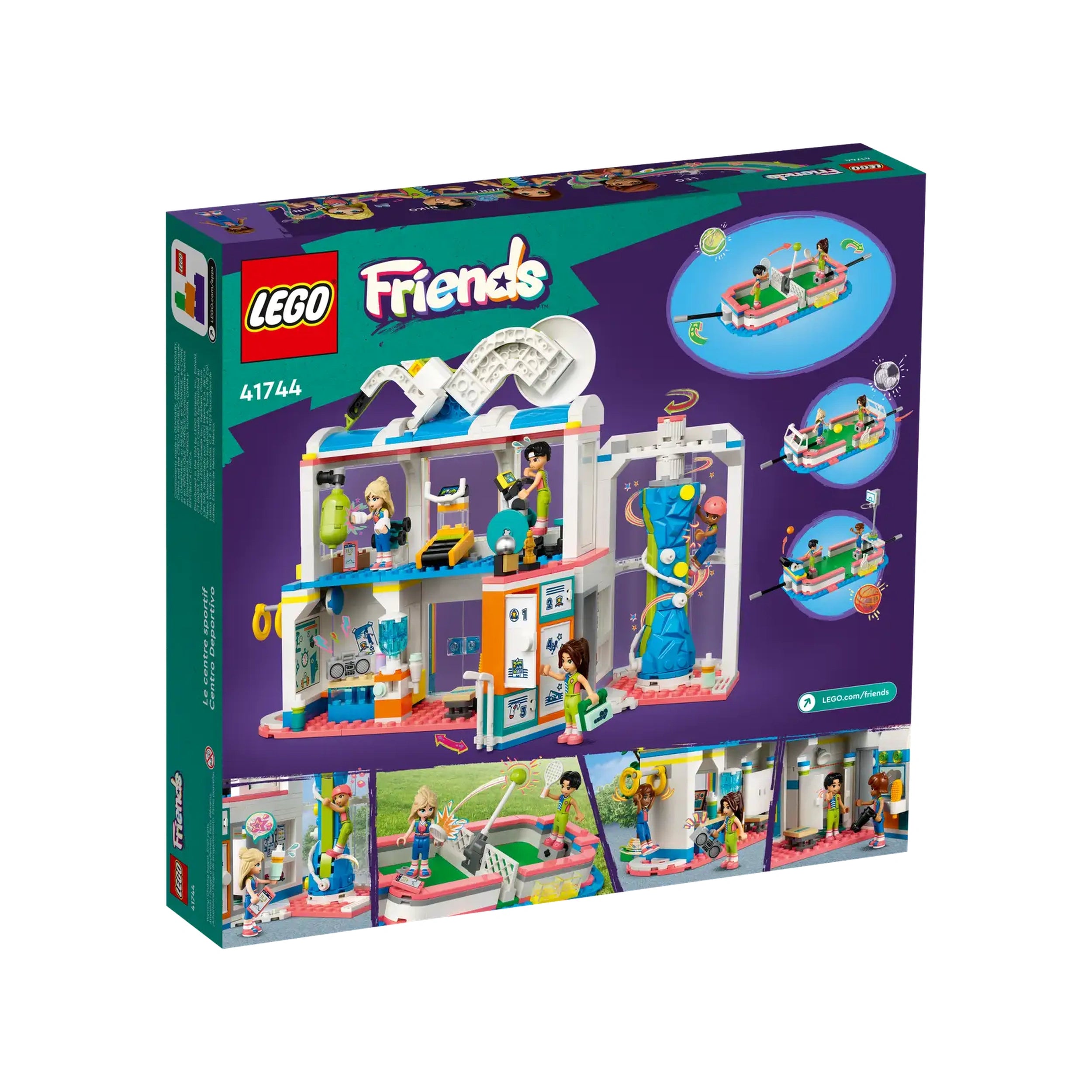 LEGO® Friends Sports Center set featuring four mini-dolls, a transformable sports field, and various sports accessories in a colorful box design.