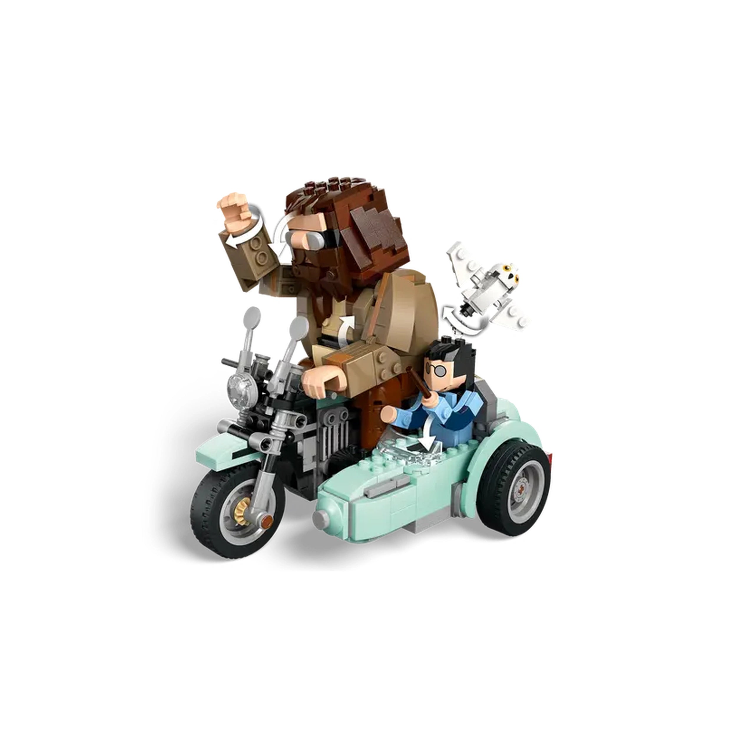 Hagrid and Harry Potter minifigures ride a light blue motorcycle with a sidecar, accompanied by a small Hedwig figure flying above.