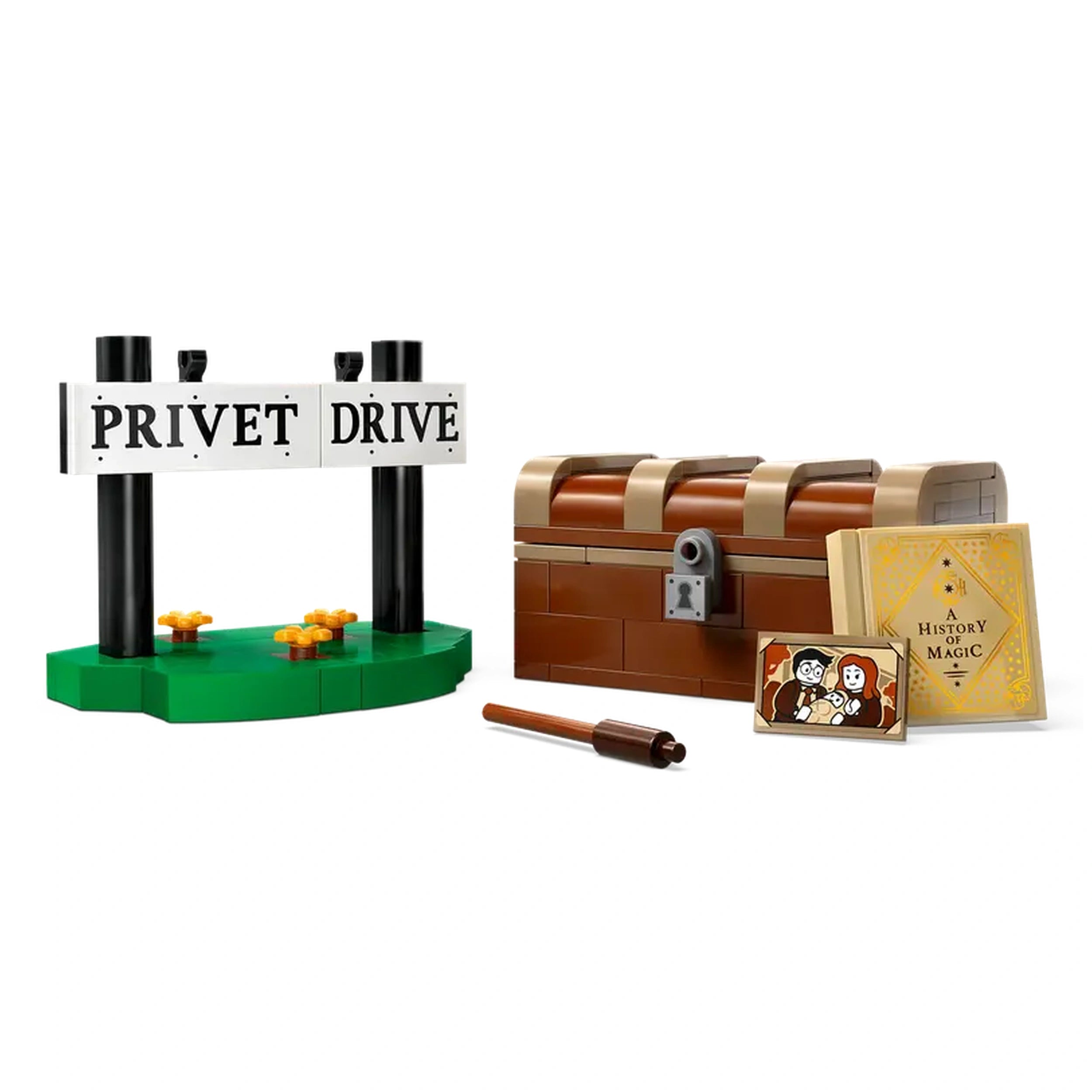 LEGO Harry Potter set featuring a 'Privet Drive' sign, a treasure chest, a wand, and a book titled 'A History of Magic.'