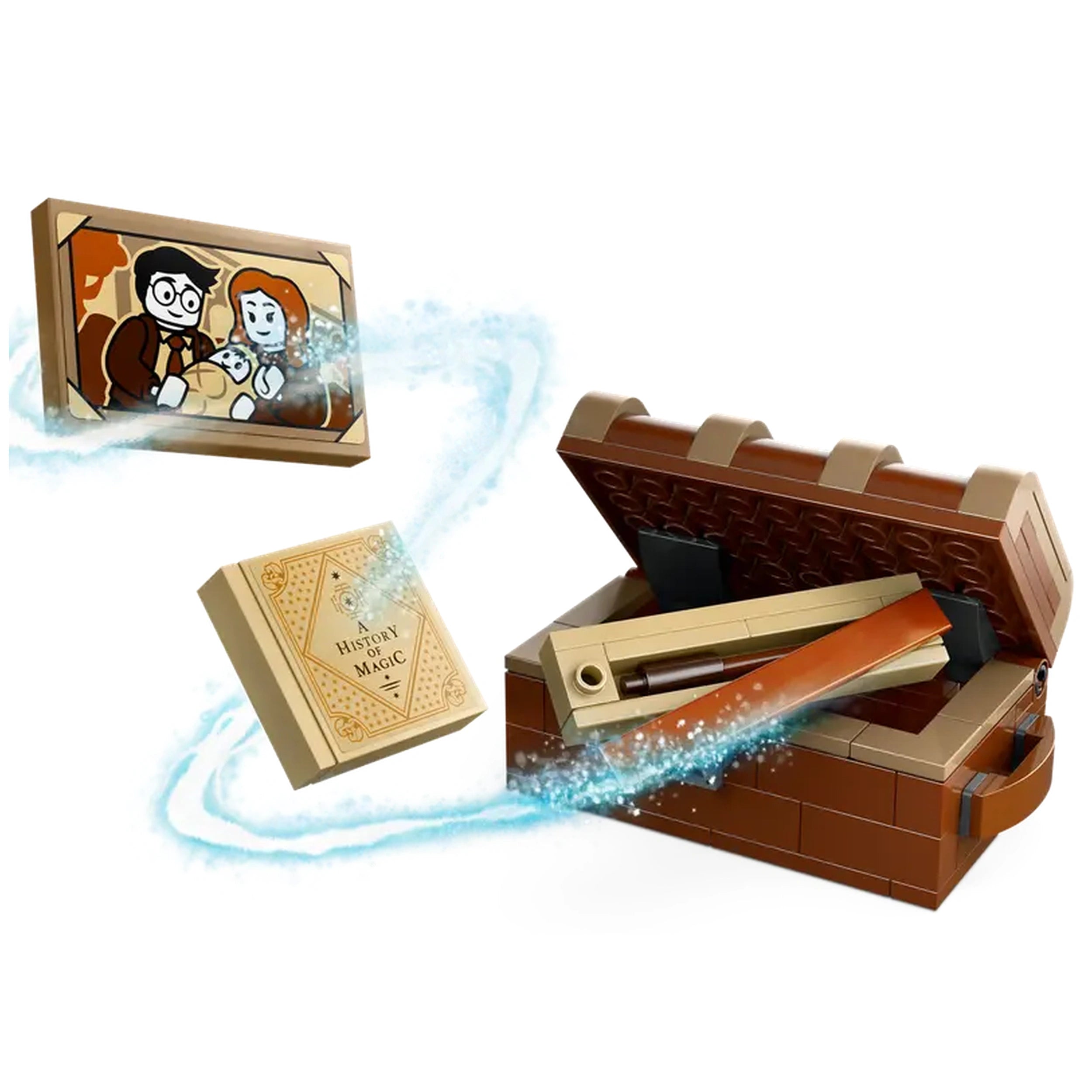 Brown treasure chest slightly open, revealing a wand and a book titled "History of Magic," with magical blue sparkles around it.