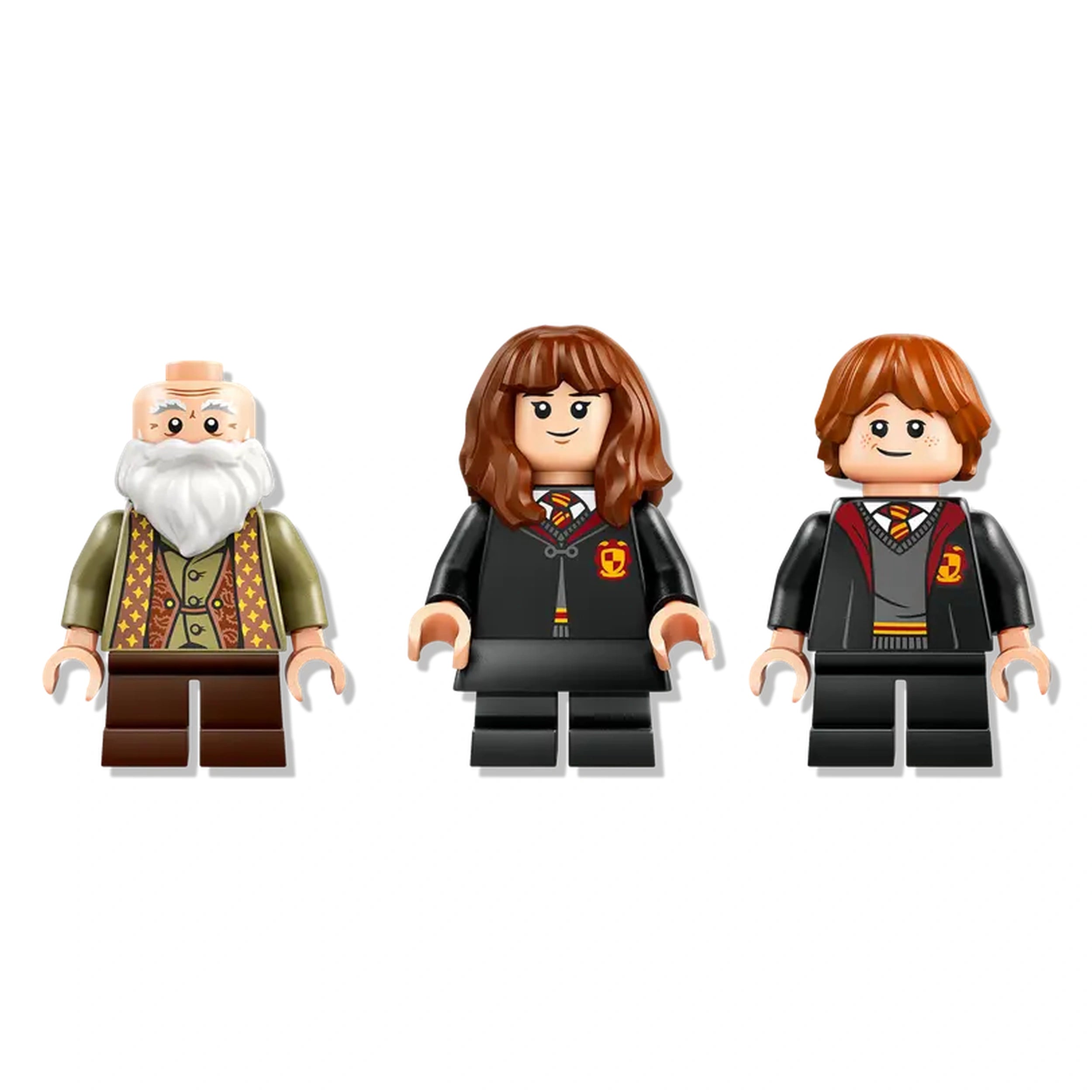 Three LEGO minifigures from the Harry Potter series: a bearded wizard wearing a patterned vest, a girl with brown hair in a Hogwarts robe, and a boy with short hair in a Hogwarts sweater. All characters showcase distinct features and attire reflecting their magical school environment.
