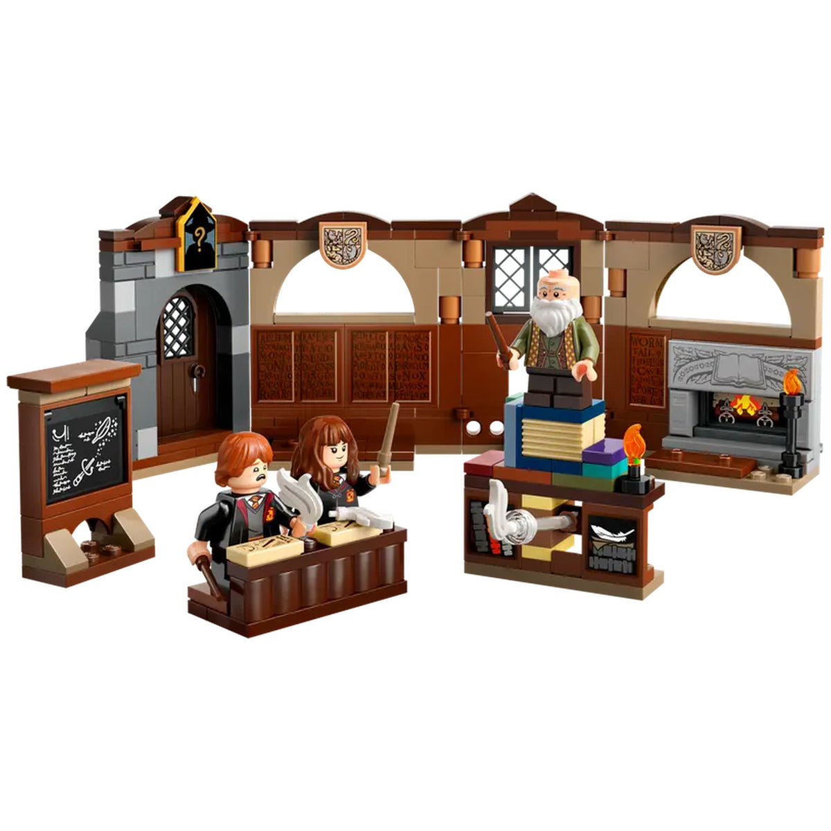 Hogwarts Charms Class LEGO set featuring two students at desks, a teacher with a wand, a chalkboard, and a cozy fireplace, all in intricate detail.