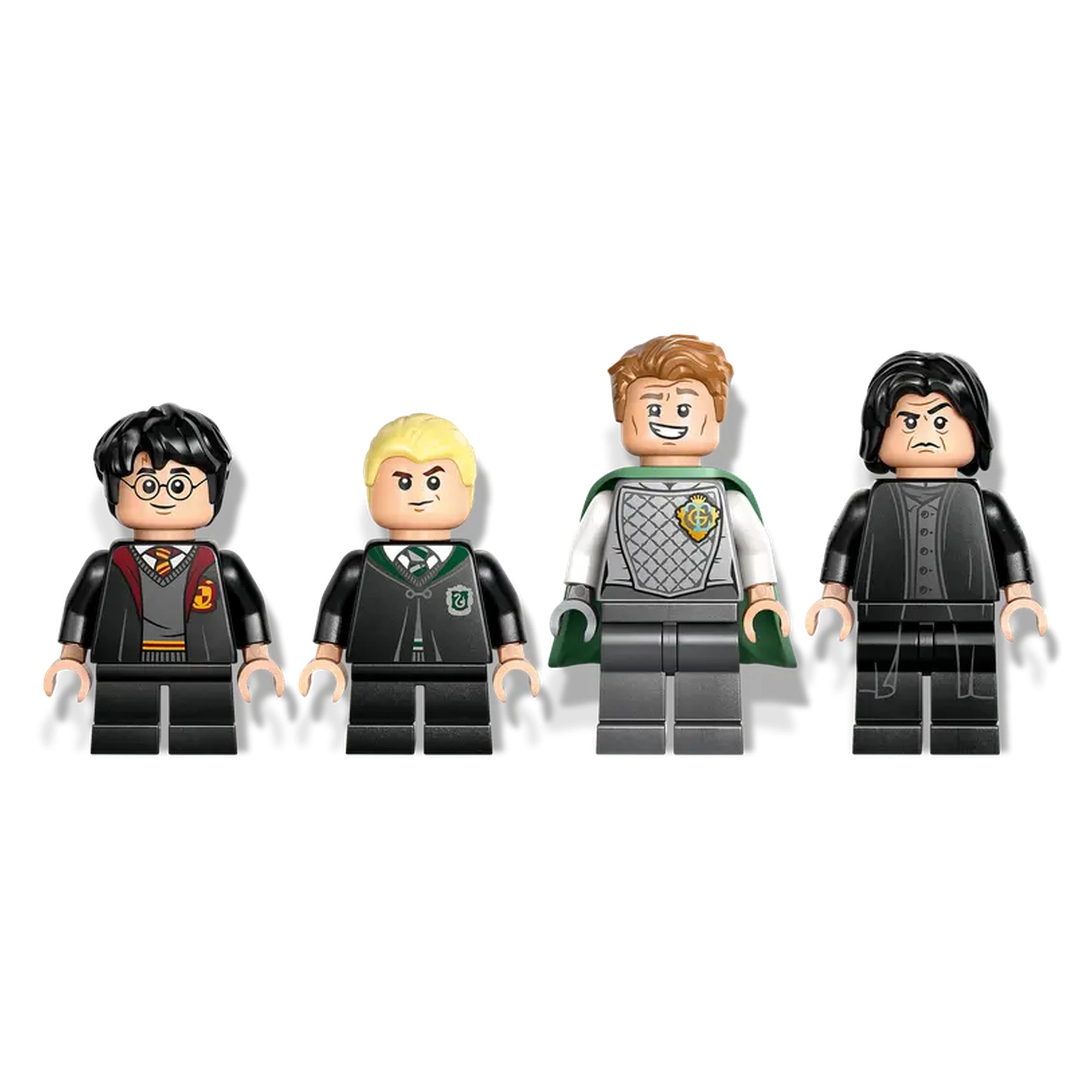 Four LEGO minifigures from the Harry Potter series: Harry Potter in a dark robe, Draco Malfoy in a green tie, a character with a silver armor and green cape, and Severus Snape in black attire, all standing against a white background.