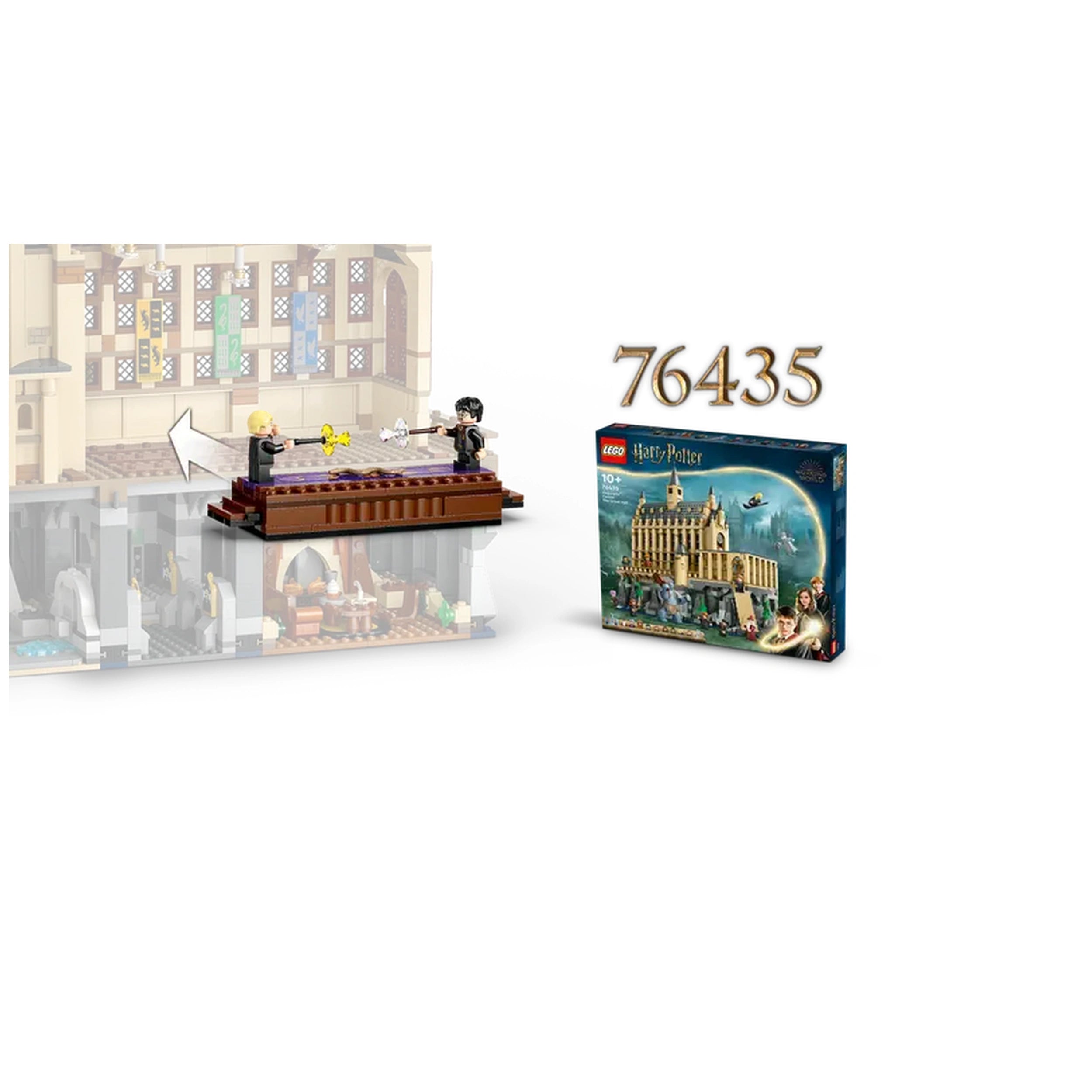LEGO Harry Potter Hogwarts Castle Dueling Club set showcases two minifigures in a duel on a detailed platform, with the box displayed alongside.
