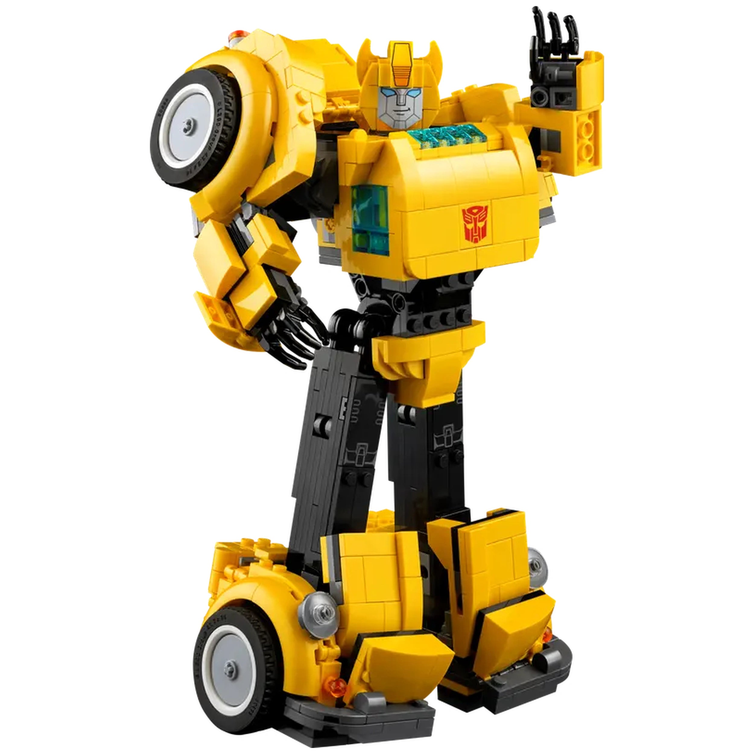 Lego Bumblebee construction set in robot form, featuring a vibrant yellow design with articulated limbs and iconic Autobot insignia.