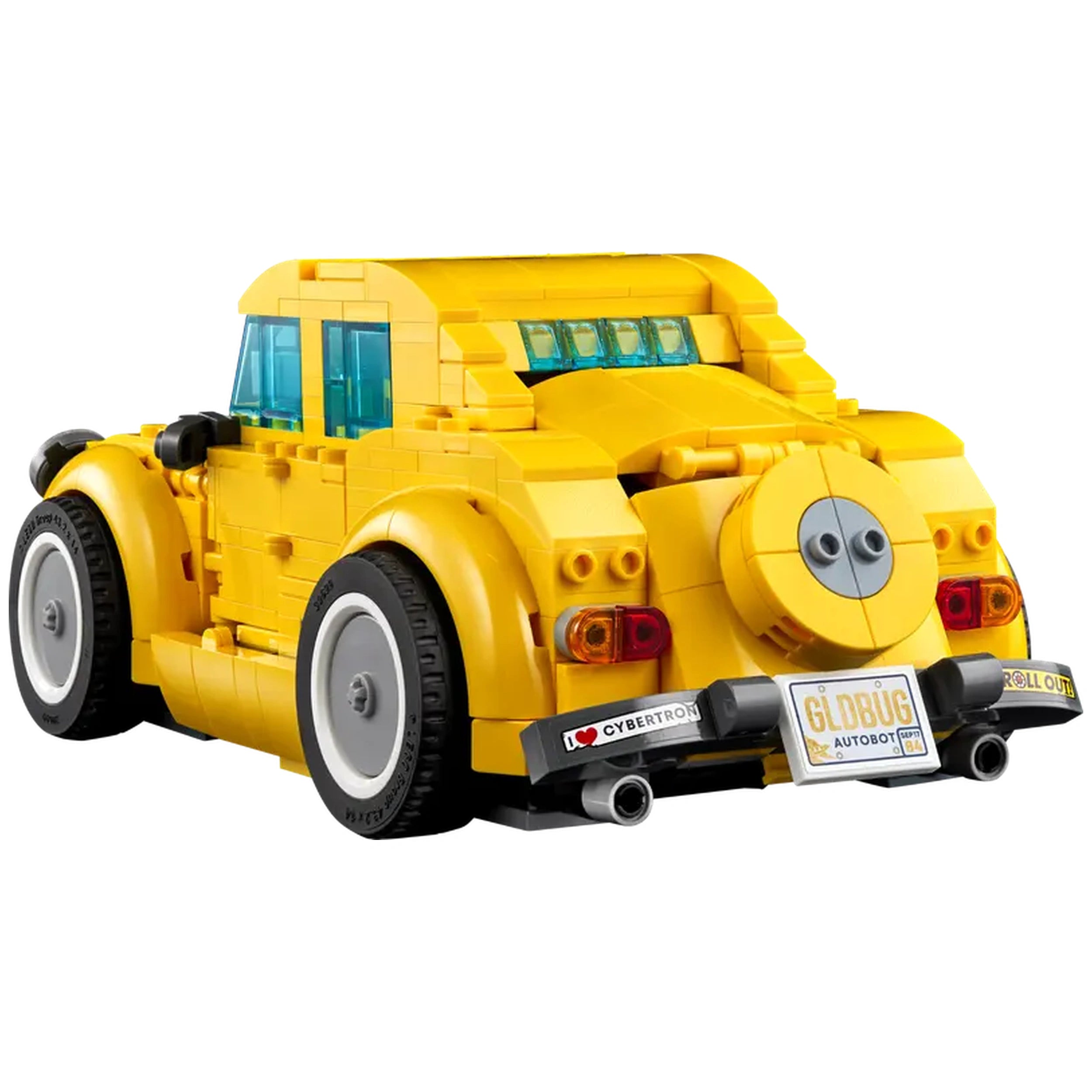 LEGO® Icons Bumblebee construction set in vibrant yellow, showcasing its detailed vehicle form with large wheels and a distinctive round rear.