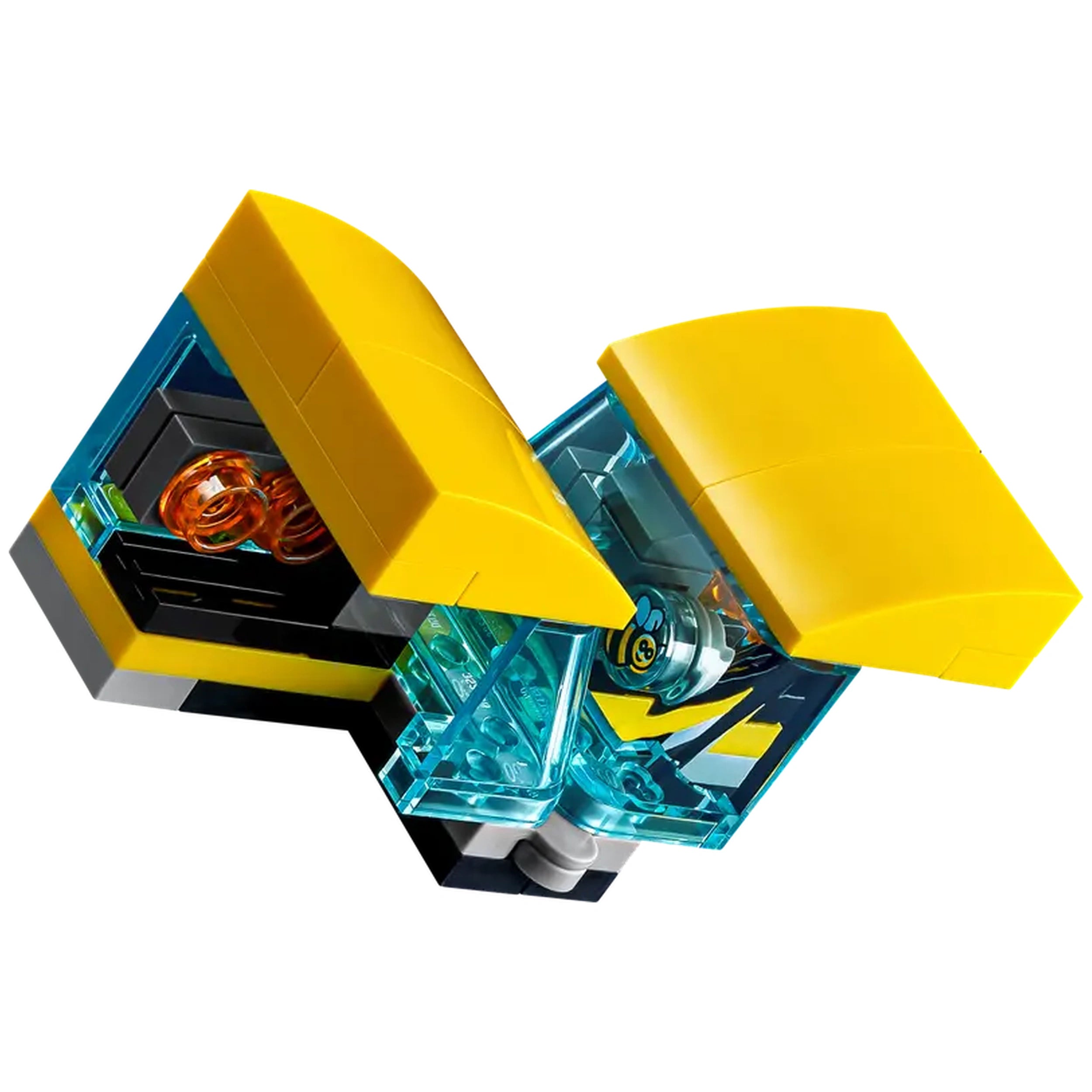 LEGO® Icons Transformers Bumblebee set featuring a vibrant yellow and black exterior with transparent blue components, capturing intricate details of the iconic Autobot.
