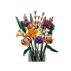Colorful LEGO Flower Bouquet featuring roses, poppies, and daisies in a clear vase, showcasing vibrant petals and adjustable stems.