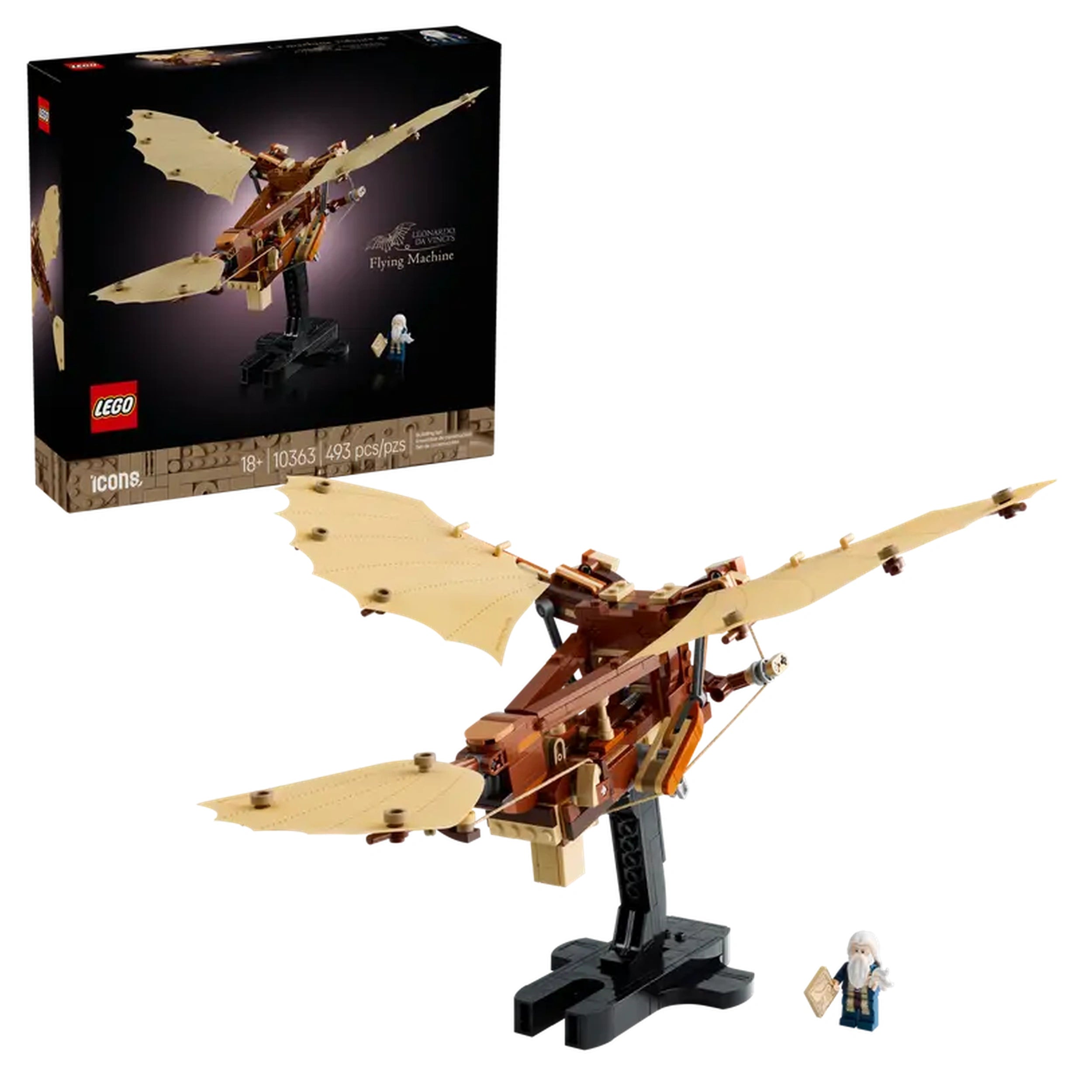 LEGO Icons Leonardo da Vinci's Flying Machine construction set features a detailed ornithopter model with flappable wings, displayed alongside a small figure holding a sketch, all set against a dark background.