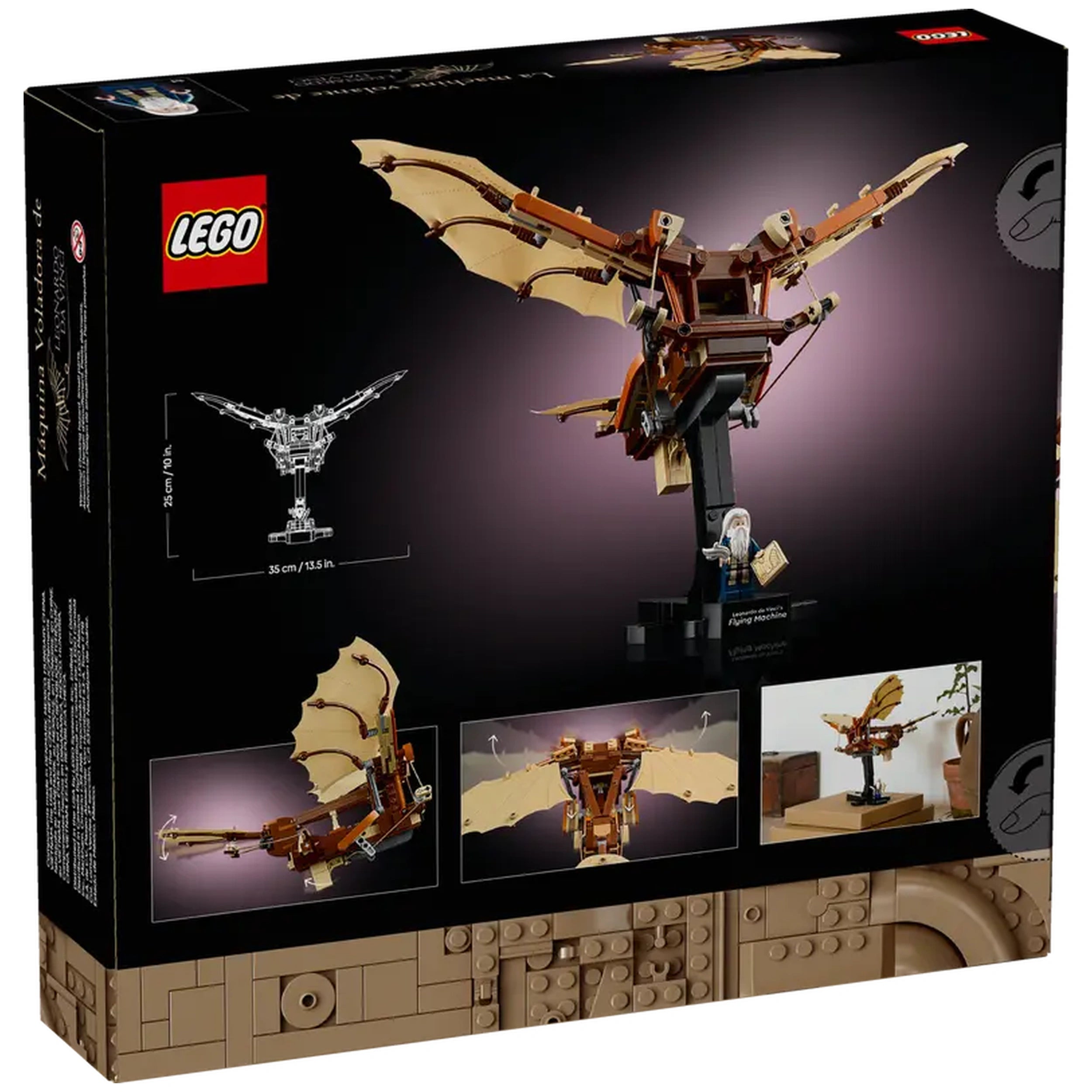 LEGO Icons Leonardo da Vinci's Flying Machine construction set, featuring intricate wings, a detailed airframe, and a display stand, surrounded by instructional diagrams on a black background.