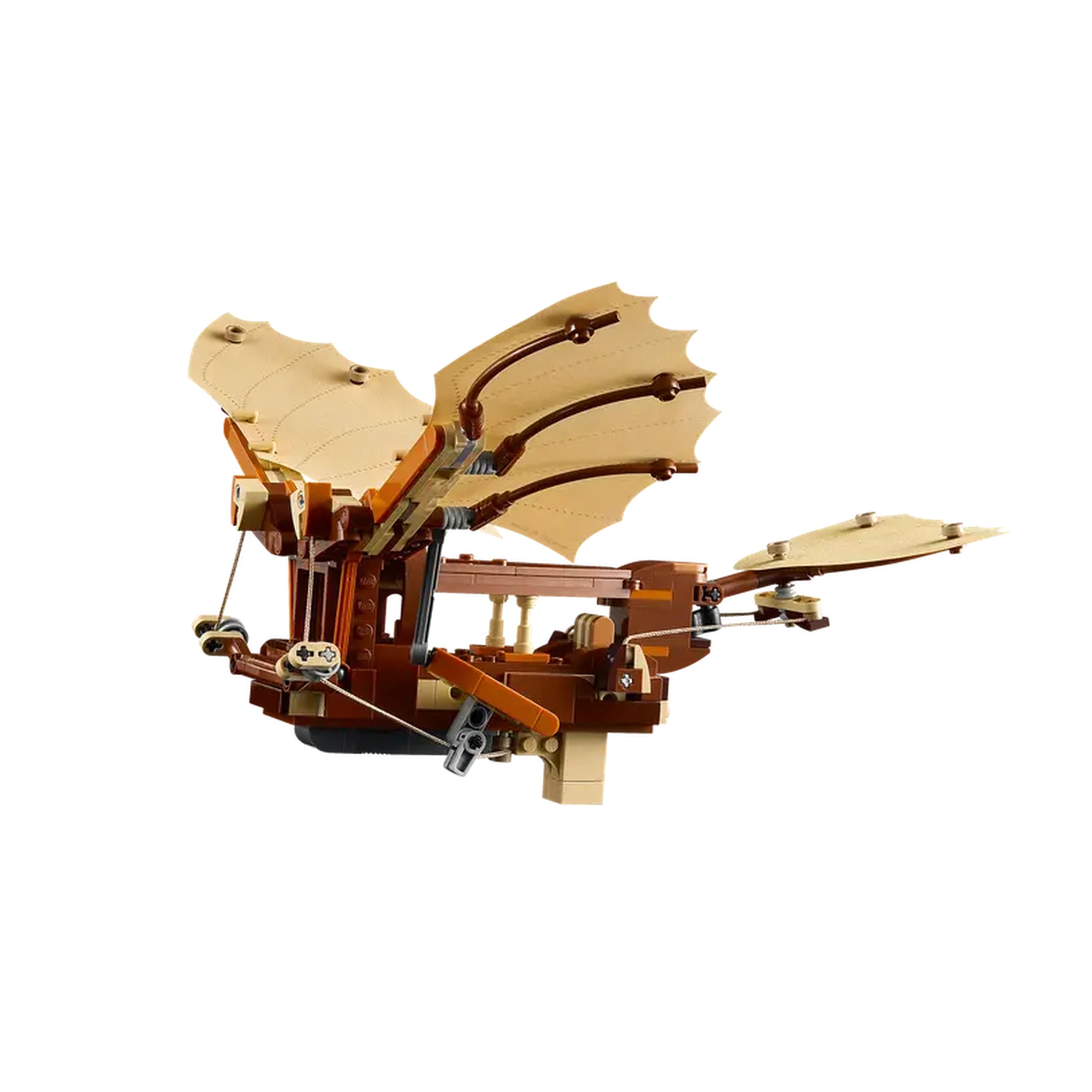 LEGO® Icons Leonardo da Vinci's Flying Machine model with beige wings and intricate details, showcasing its aerodynamic design and mechanism.