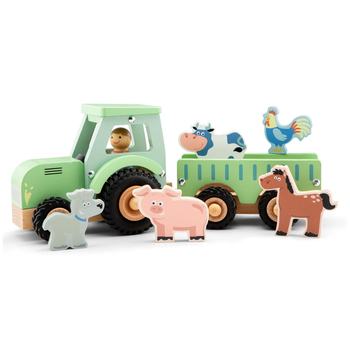 New Classic Toys - Wooden Tractor With Trailer And 5 Animals - Play Vehicles
