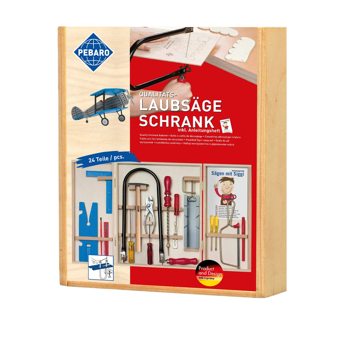 Prebaro Fretwork Kit with wooden case, fretsaw, tools, and instructional booklet, displayed in vibrant packaging.