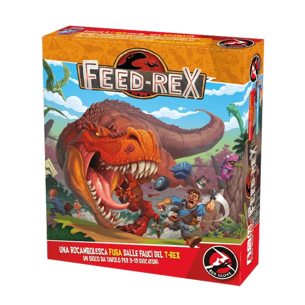 Red Glove - Feed Rex Board Game for Kids & Adults Ages 8+ - Hilarious Dinosaur Survival Party Game for 3-13 Players with T-Rex Figures, 110 Action Cards and Custom Die - RG2079 - Italian Edition