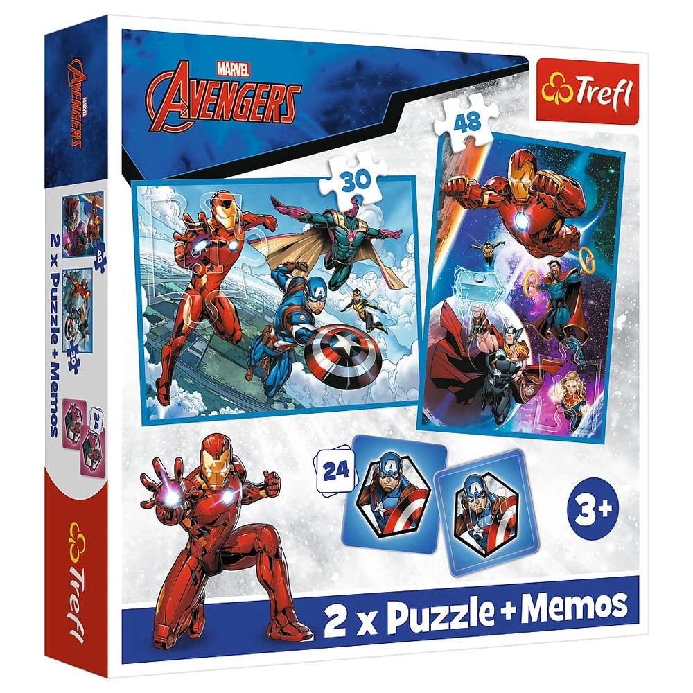 Trefl - 2 Puzzles in 1 + Memos - Avengers Heroes in the Action - Puzzle & Card Game Age +3 - TRF93333