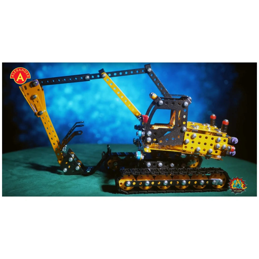 Yellow and black toy excavator model with metal plates and plastic tracks, set against a blue background.