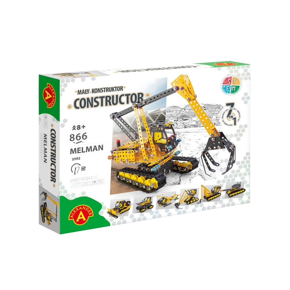 Alexander Constructor Ruspa set box with 866 pieces for building creative construction vehicles, ages 8+, STEM toy.
