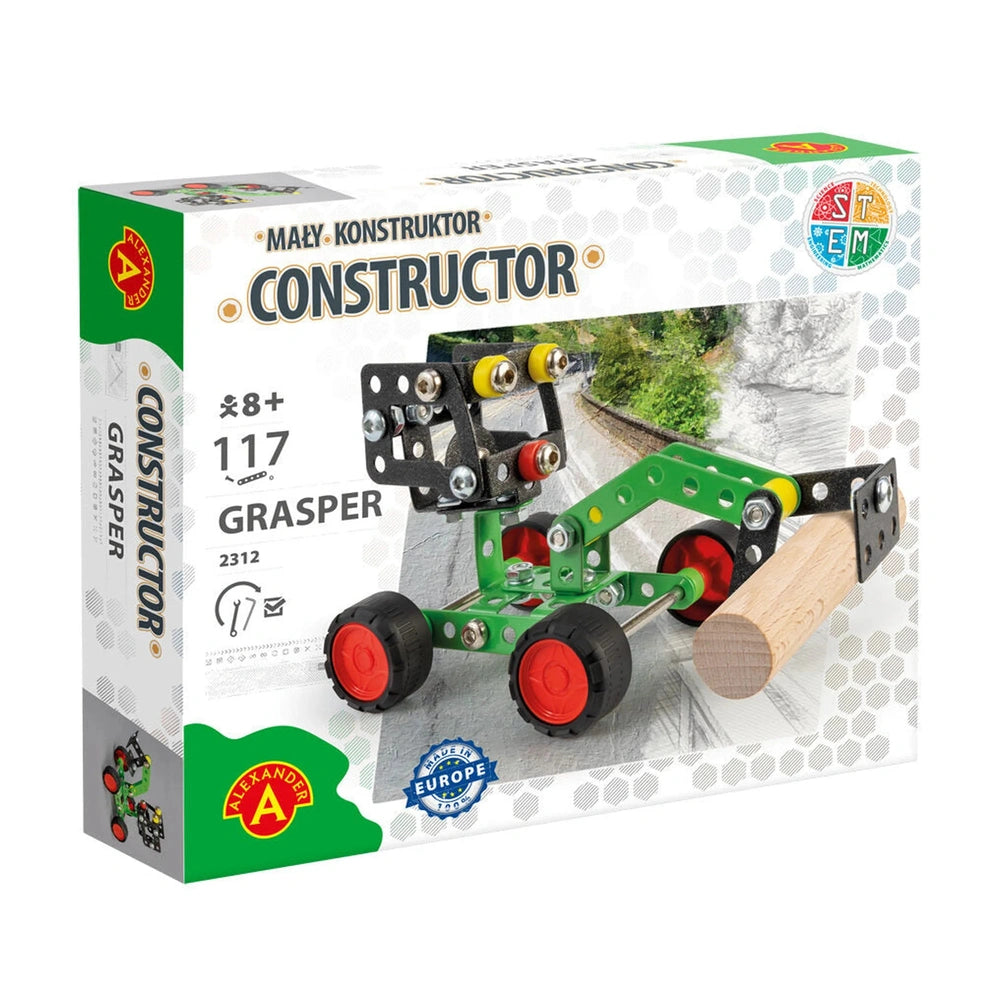 Alexander Maly Constructor Grasper set box with metal parts and wheels, suitable for ages 8+, STEM-themed.