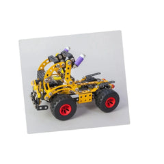 Yellow and black toy model constructed with metal plates and screws, featuring four wheels and red hubs on a light background.