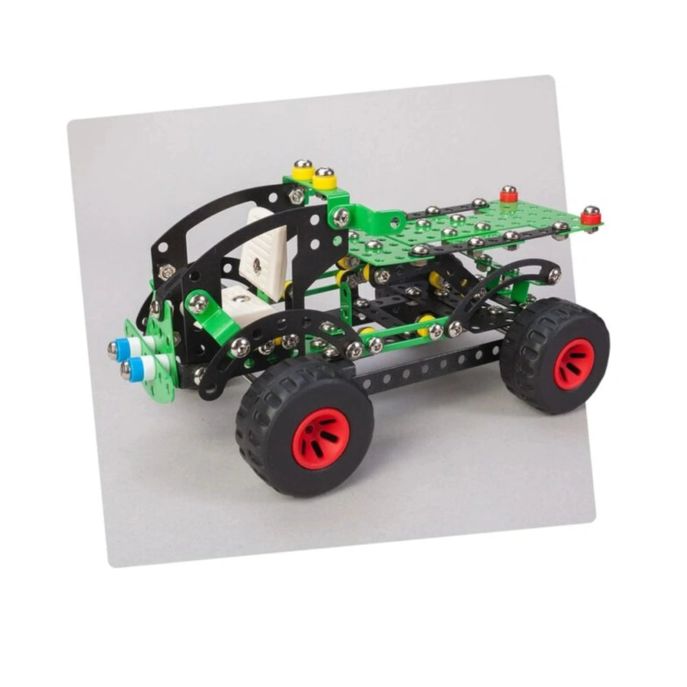 Colorful construction toy model with black frame, red wheels, and green components, built using Alexander Maly Constructor Pro Manta set.