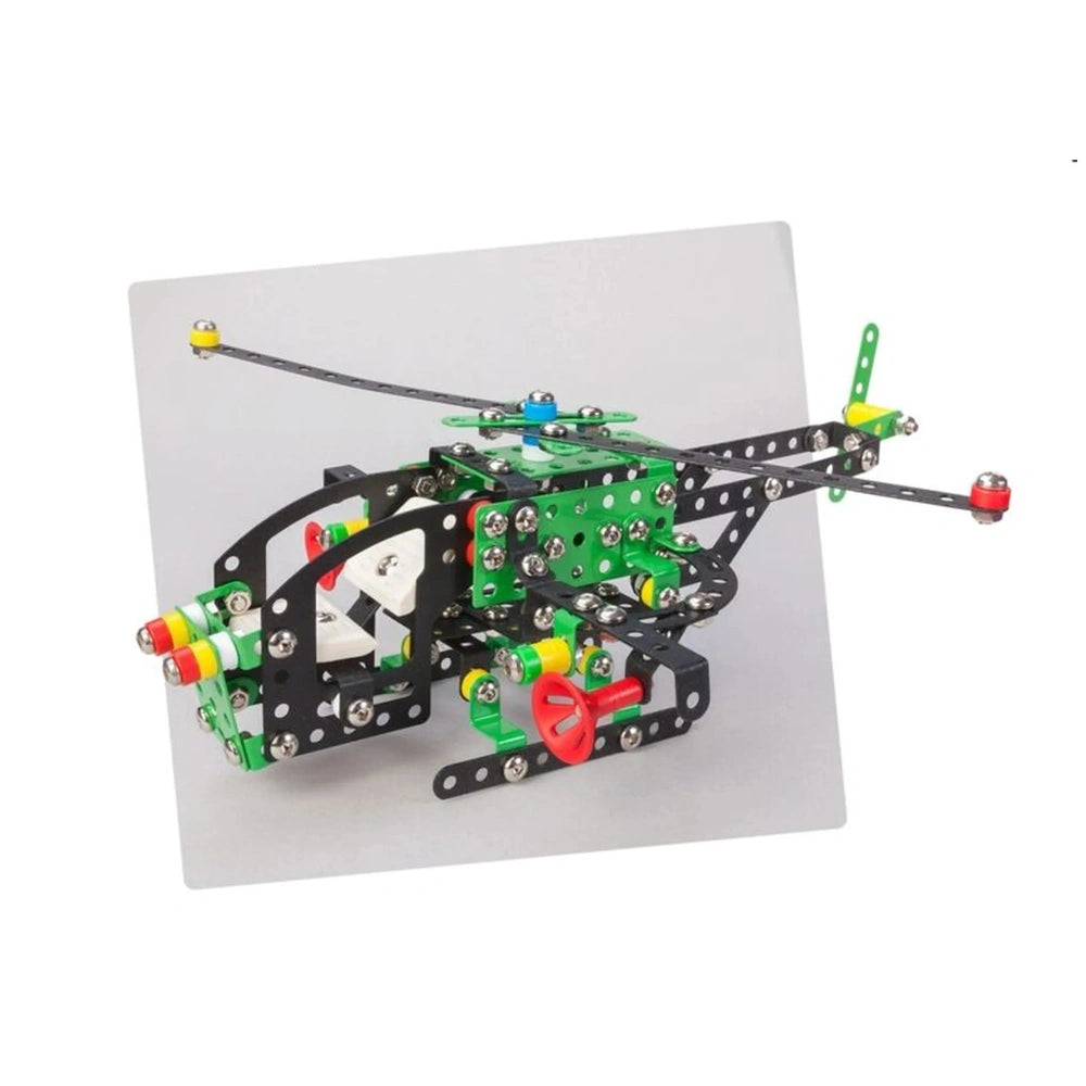 Colorful toy helicopter from the Alexander Maly Constructor Pro Manta set, built with screws and metal plates.