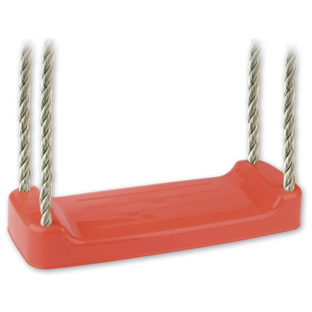 Red swing seat with four sturdy ropes designed for outdoor play.