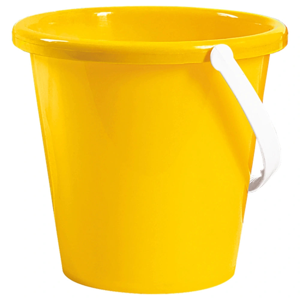 Yellow plastic beach bucket with a white handle, ideal for sandcastle building.