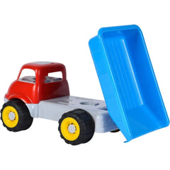 Red and gray plastic toy truck with a blue tipping bed and yellow wheels.