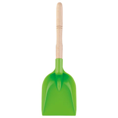 Green plastic shovel with wooden handle, 36 cm long, by Androni, ideal for beach play.