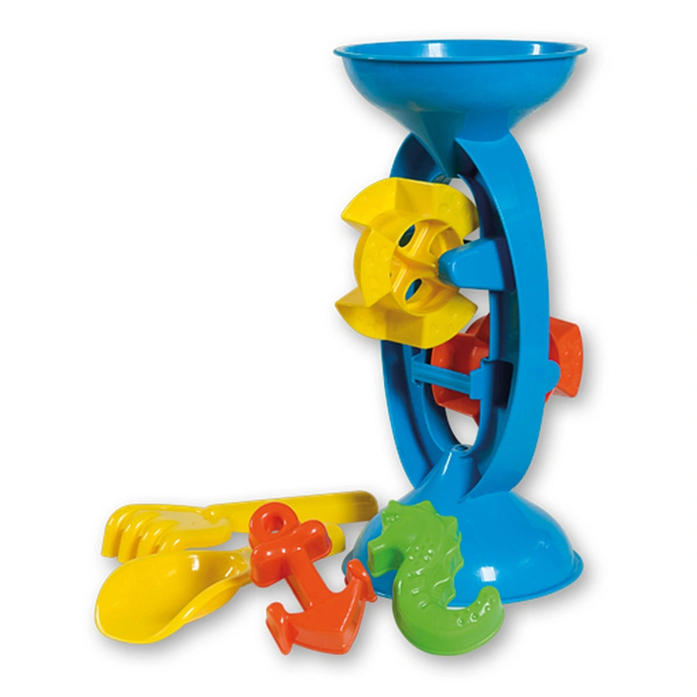 Blue sand mill with yellow and red paddles, includes a yellow shovel, rake, and orange and green molds.