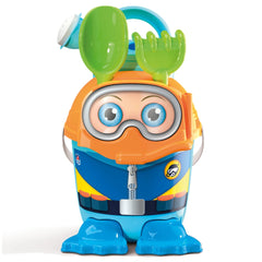 Scuba diver-themed toy set with an orange bucket, blue fins, and green shovel and rake on top.