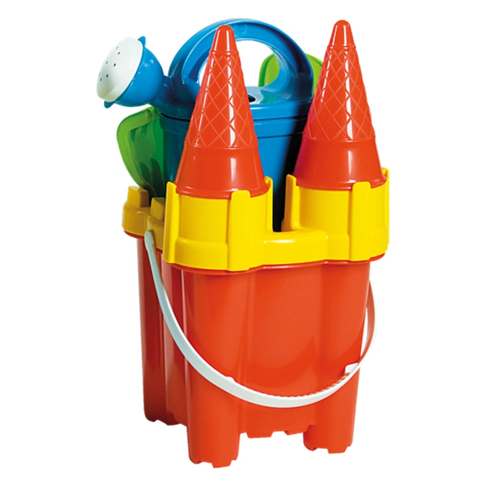 Colorful Androni beach set with red tower bucket, yellow accents, blue watering can, and red ice cream cone molds.