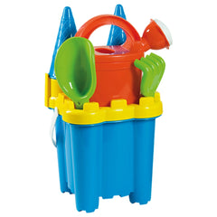 Blue and yellow tower bucket with a red watering can, green shovel, rake, and blue ice cream cones.