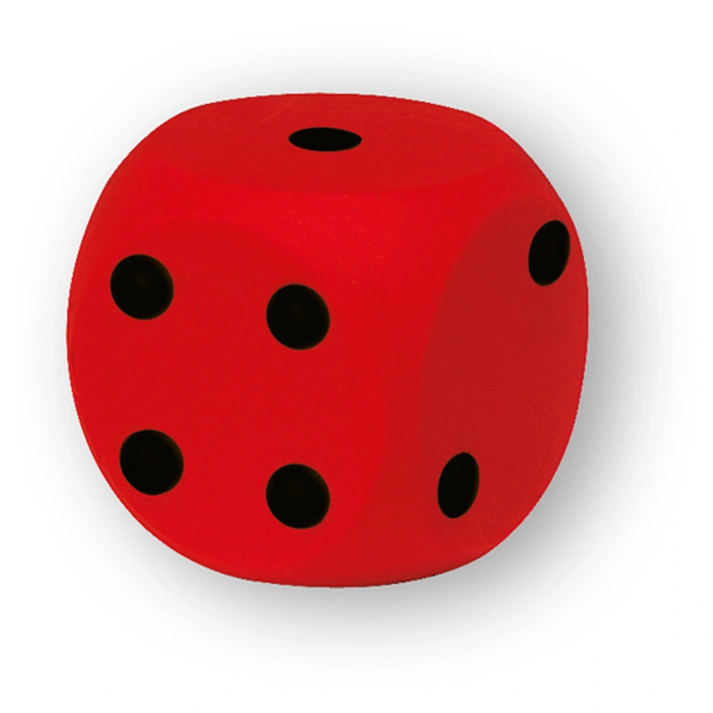 Red soft sponge dice with black dots, designed for children’s beach and sand play.