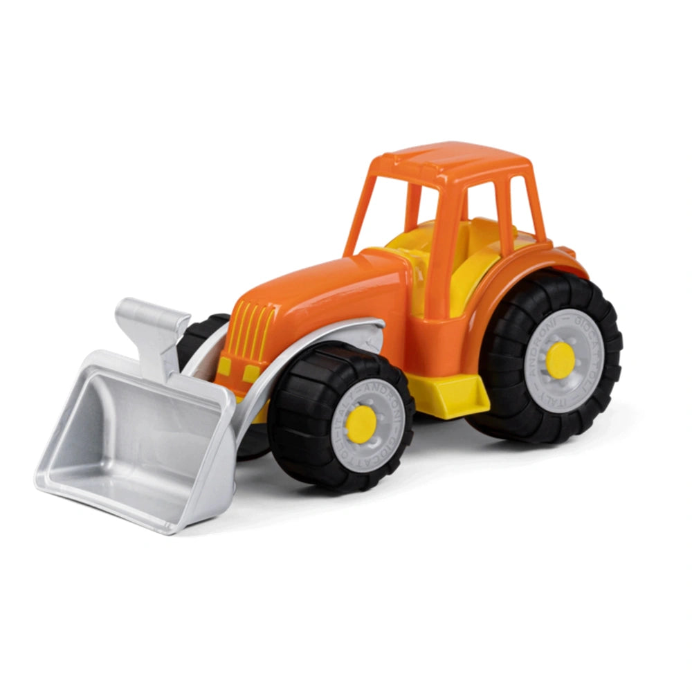 Orange toy tractor with silver front scoop, black wheels, and yellow accents on a white background.