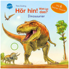 ARENA sound book cover featuring a cartoon T-Rex and Triceratops in a colorful dinosaur scene with playful text in German.