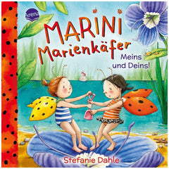 ARENA - Marinis Big Dispute book cover featuring two whimsical girls as ladybugs on a lily pad in a vibrant pond scene.