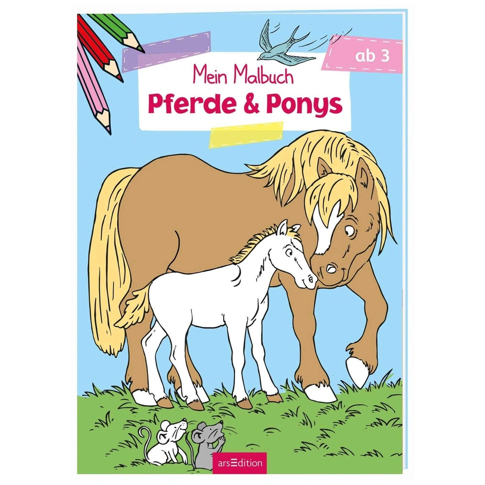 ARSEDITION My Coloring Book features playful ponies in a colorful grassy field, perfect for kids aged 3 and up.
