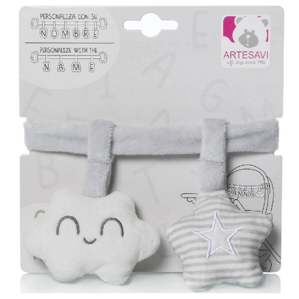 Gray plush ribbon with a smiling cloud and striped star rattle, customizable with name, by ARTESAVI.