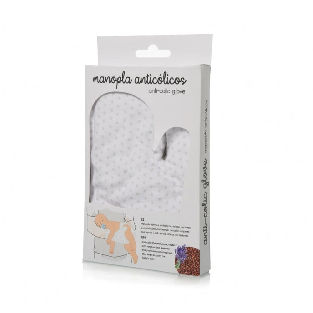 Light blue anti-colic glove in a box, featuring a soothing design with soft fabric, ideal for comforting infants.